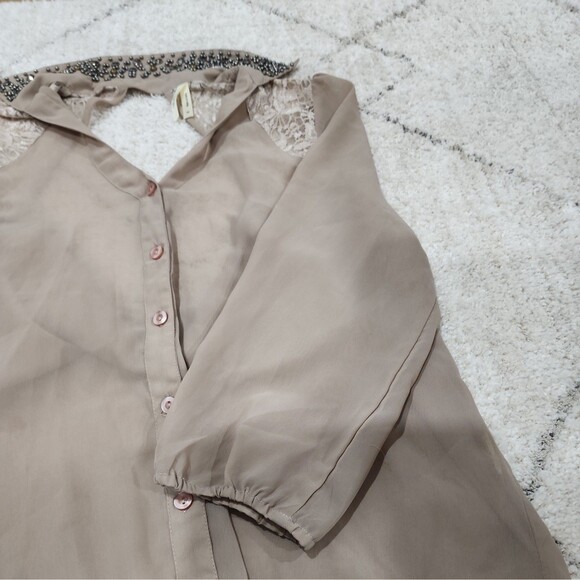 TRUTH NYC Top Womens Medium Brown Sheer Blouse 3/4 Sleeve Embroidered Open Back - Picture 10 of 14